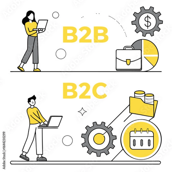 Obraz B2B vs. B2C E-commerce Models – Vector Yellow Infographic for Online Business Strategy Adobe Illustrator Artwork