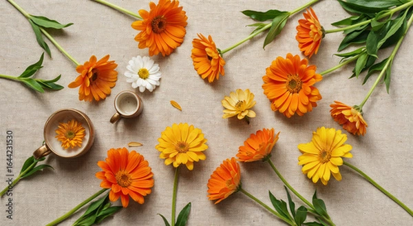 Fototapeta top view of spring flowers on beige background, panoramic shot