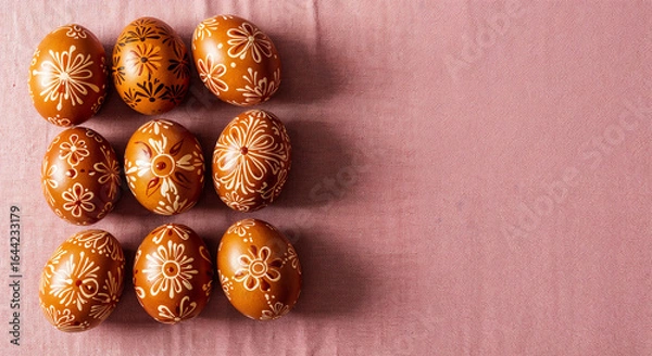 Fototapeta painted easter eggs on pink background with copy space