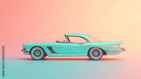 Fototapeta A vintage turquoise car showcased in a soft gradient background, ideal for retro-themed advertising and design projects, ideal for advertising, marketing, website backgrounds, banners