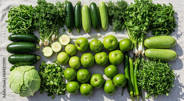 Fototapeta top view of green nutritious vegetables on white background with copy space