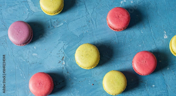 Fototapeta tasty french macaroons on blue background with copy space