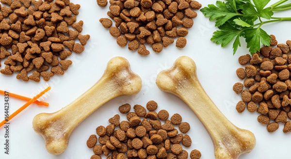 Fototapeta top view of assorted dry pet food and bones isolated on white, panoramic shot