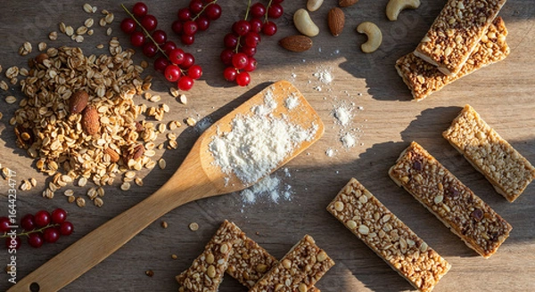 Fototapeta Wooden spatula with granola next to redcurrants, nuts and cereal bars on wooden background,