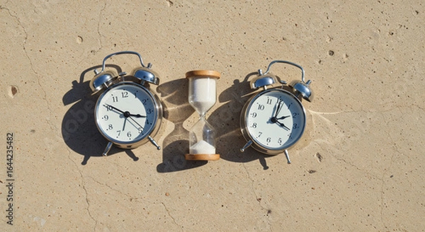 Fototapeta top view of classic alarm clocks and hourglass on beige background