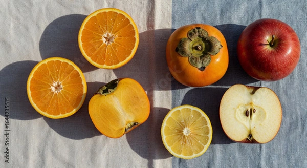 Fototapeta Top view of orange and lemon halves with persimmon, apple on white and blue background, panoramic