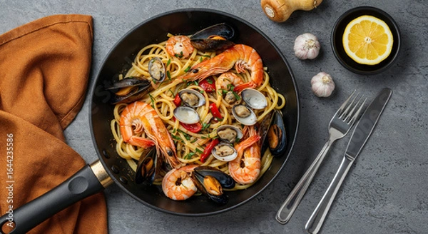 Fototapeta delicious pasta with seafood in frying pan near cutlery on textured grey background