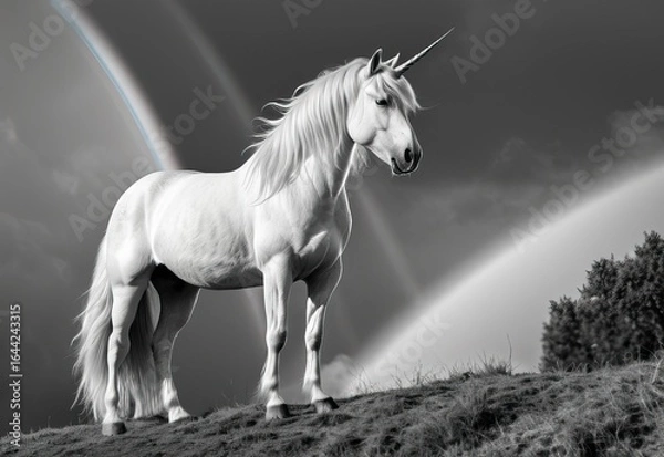 Fototapeta Majestic unicorn standing on hilltop with double rainbow in the background