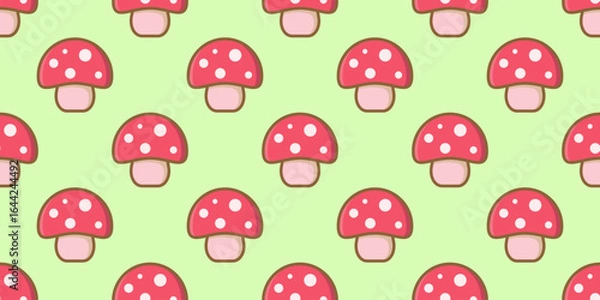 Fototapeta Red mushroom seamless pattern. Amanita. Fly agaric on green background. Red cap and white dots mushroom. Vector illustration.