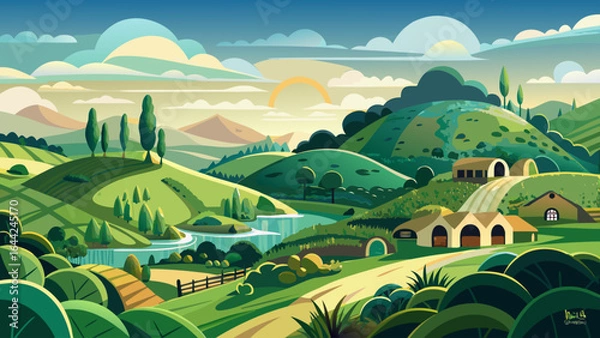 Obraz Golden fields meet tranquil streams, while lush meadows stretch toward distant mountains, embodying the peaceful beauty of Matamata, a magical landscape immortalized in film and cherished by visitors 