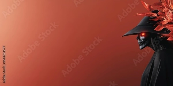 Fototapeta Mysterious Figure with a Skull Mask and Red-Hued Leaf Accents Against
