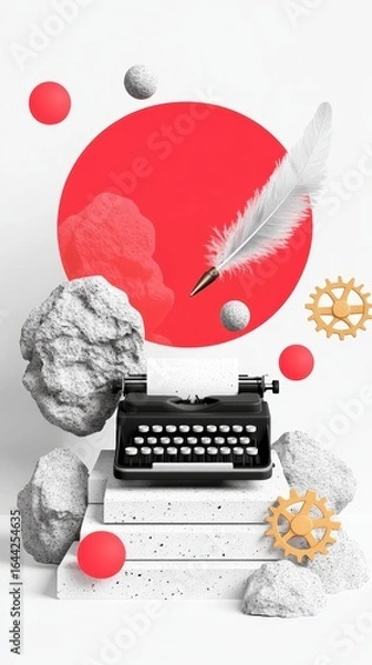 Fototapeta Vintage Typewriter with Modern Design Elements Featuring Feathers, Geometric Shapes, and Textured Stones Against a Vibrant Red Background