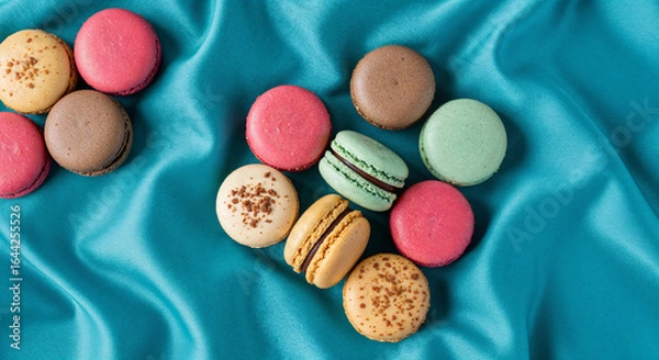 Fototapeta top view of delicious assorted French macaroons on blue bright background, panoramic shot