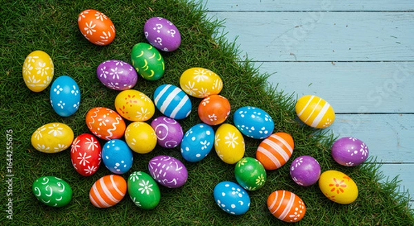 Fototapeta Top view of painted easter eggs on grass on blue background
