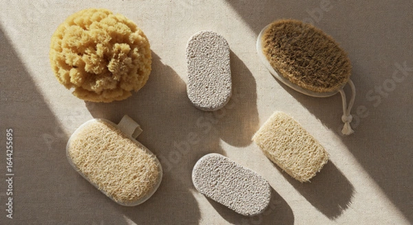 Fototapeta top view of natural bath sponge near loofahs and pumice stone on beige background
