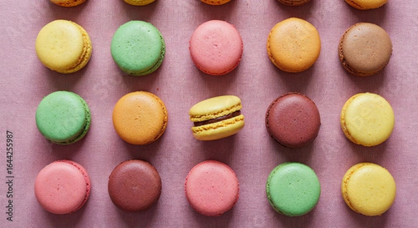 Fototapeta pattern of multicolored fresh French macaroons scattered on pink background, panoramic shot