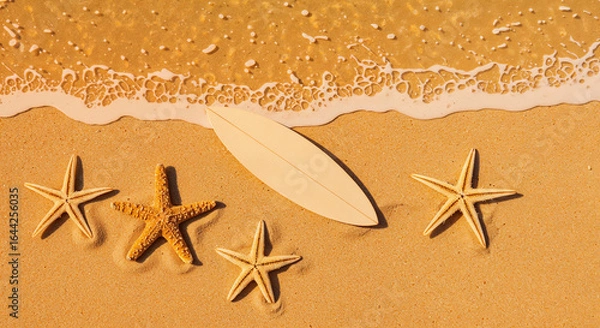 Fototapeta top view of paper beach with starfishes and surfboard on sand near sea