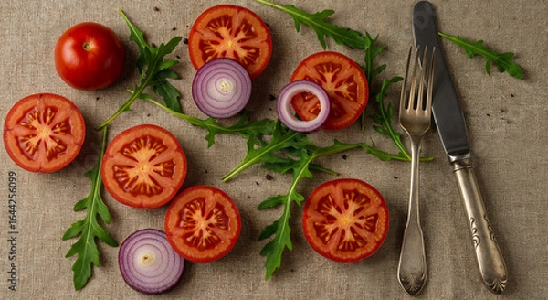Fototapeta background with sliced red tomatoes, red onions and green arugula leaves