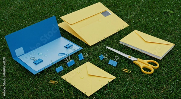 Fototapeta panoramic shot of yellow and blue envelopes, folders, blue paper clips and yellow scissors isolated