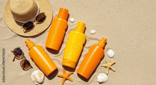 Fototapeta top view of sunscreen products in bottles on beige background