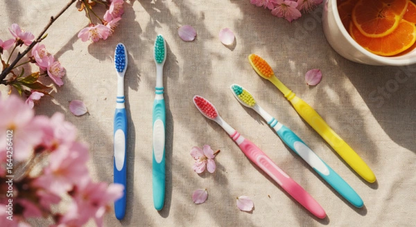 Fototapeta top view of toothbrushes on beige background with flowers