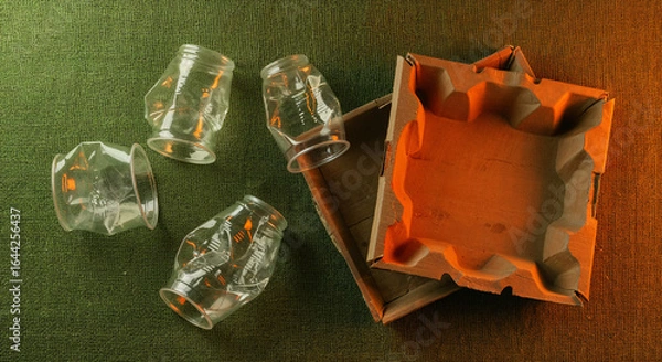 Fototapeta top view of crumpled plastic cups and cardboard container on green background with copy space