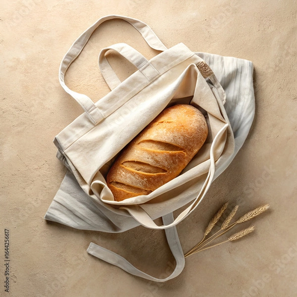 Fototapeta top view of reusable cloth bag with folded bread o