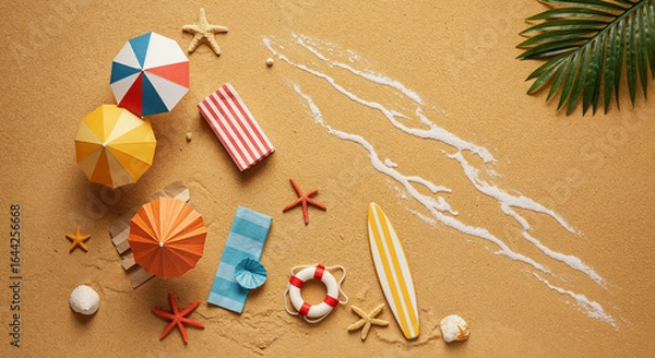 Fototapeta top view of paper beach with summer umbrellas and towels near lifebuoy and surfboard on sand
