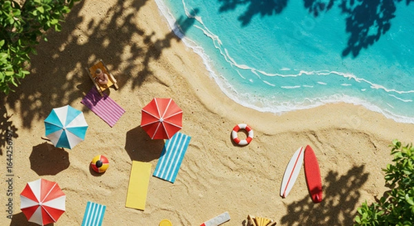 Fototapeta top view of paper beach with summer umbrellas and towels near lifebuoy and surfboard on sand