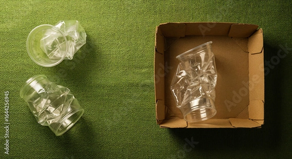 Fototapeta top view of crumpled plastic cups and cardboard container on green background with copy space