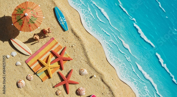 Fototapeta top view of paper beach with starfishes, towel, umbrella and surfboard on sand near sea