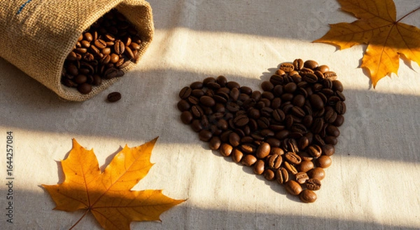 Fototapeta top view of  heart made of fresh coffee grains on white background