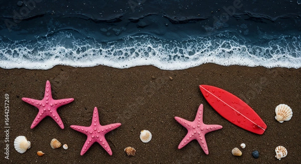 Fototapeta top view of paper beach with starfishes and surfboard on sand near sea