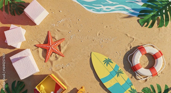 Fototapeta top view of paper beach with starfishes, towels, surfboard and lifebuoy on sand