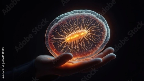 Fototapeta Floating cell, glowing hand