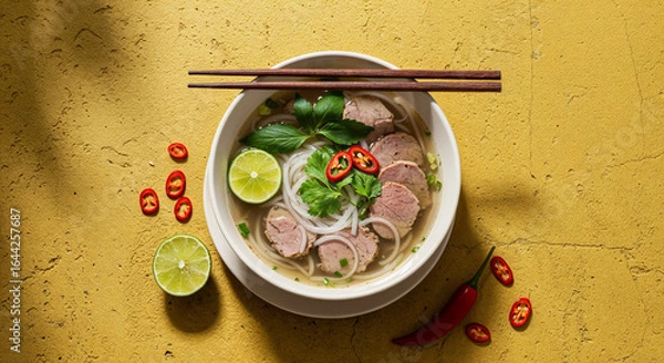Fototapeta top view of pho in bowl near chopsticks, lime, chili on yellow textured background, panoramic shot