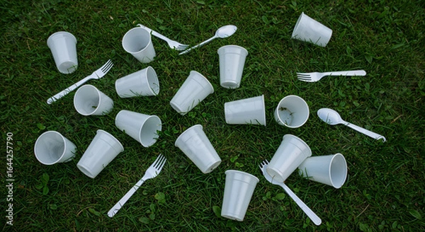 Fototapeta Top view of disposable plastic cups, forks, and spoons partially submerged in a shallow pool of water on a green-colored patio during a rainy evening.