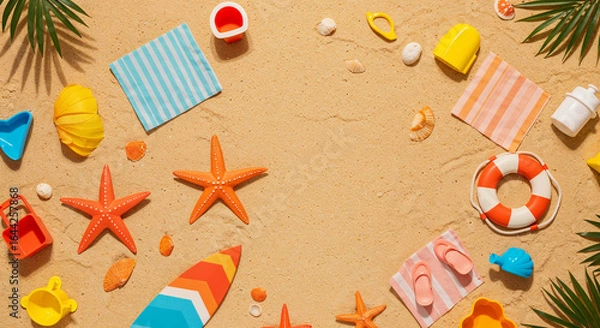 Fototapeta top view of paper beach with starfishes, towels, surfboard and lifebuoy on sand