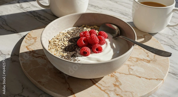 Fototapeta yogurt with chia seeds, oat flakes and raspberries near teaspoon with oat on marble surface