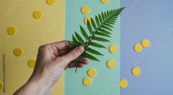Fototapeta cropped view of make hand holding fern leaf on colorful paper with circles