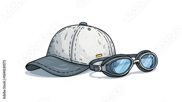 Fototapeta Gray Baseball Cap and Blue Goggles Resting on a White Background: Pixel Art Illustration of Summer Sports Accessories, Detailed Close-up View Showing