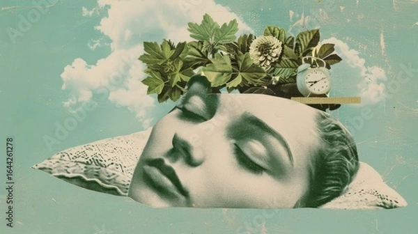 Fototapeta Retro Surreal Collage of a sleeping woman with floral crown and vintage clock in dreamy sky background.