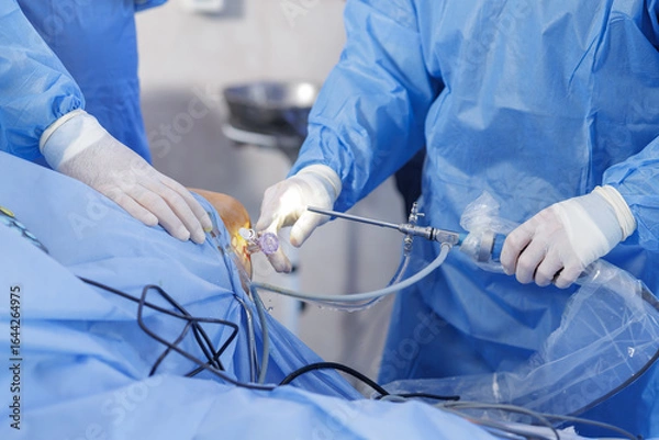 Fototapeta Knee arthroscopy with PCL reconstruction and arthroscope in sterile surgical environment