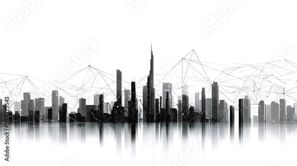 Fototapeta Panoramic Monochrome City Skyline at Dawn: A Detailed Illustration of a Modern Metropolis with Numerous Skyscrapers Reflected in Still Water