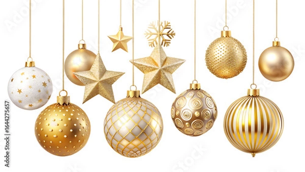 Obraz Collection of golden christmas ornaments and stars hanging, isolated on transparent background