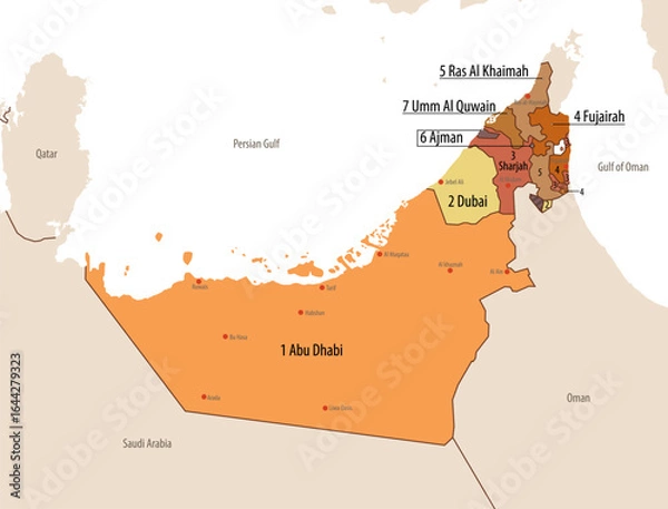 Fototapeta Map of the United Arab Emirates with administrative divisions, borders of 7 emirates and neighboring countries, with major cities indicated, color vector illustration on white background