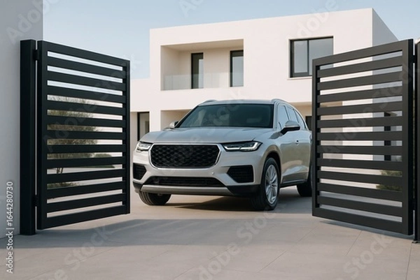 Obraz Modern car exiting contemporary home through automatic gate