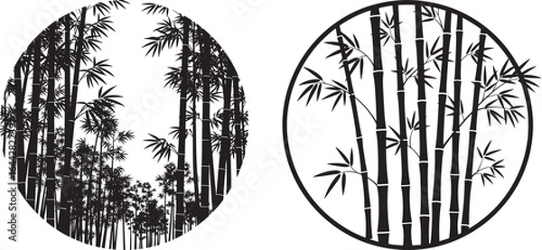 Fototapeta Vector art of black and white silhouette of bamboo forest in a circle isolated on white background