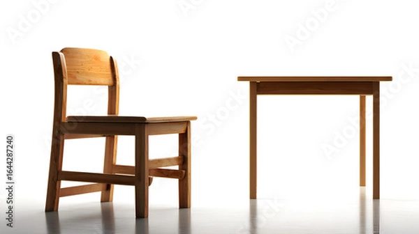 Fototapeta Simple Wooden Chair and Table Set Against a Bright White Background Studio Shot of Minimalist Furniture Light Wood Texture Clean Lines Basic Design