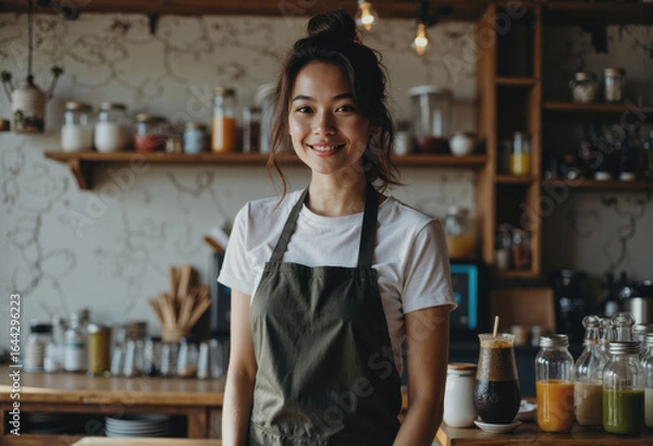 Fototapeta Juice bar attendant smiling at wooden counter with fresh beverages